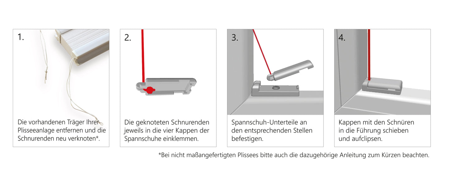 Plissee Universal Spannschuh, 4 Stück, zum Anschrauben, verwendbar für alle verspannten Plissees