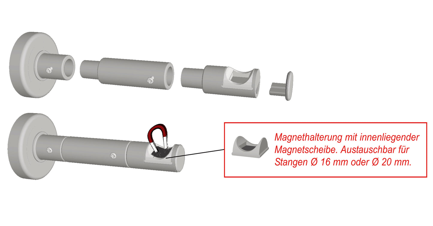Magnetische Wandhalterung verwendbar für Gardinenstangen und Vorhangstangen Ø 16 und 20 mm