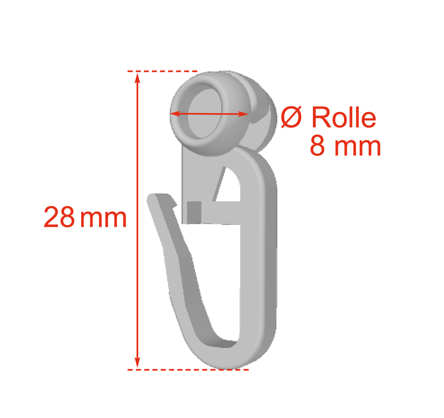 Gardinenrolle mit Faltenhaken – Innenlaufrolle, Rollringe Ø 8 mm halbrund, 100 Stück